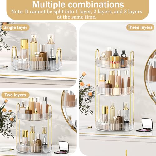 MOKANI 360 Rotating Makeup Organizer for Vanity, 3 Tier Perfume Organizer | Adjustable Multi-Function Spinning Cosmetics Skincare Storage for Bedroom, Dresser, Countertop, Clear