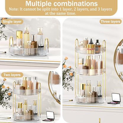 MOKANI 360 Rotating Makeup Organizer for Vanity, 3 Tier Perfume Organizer | Adjustable Multi-Function Spinning Cosmetics Skincare Storage for Bedroom, Dresser, Countertop, Clear