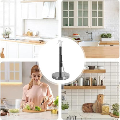 2-in-1 Standing Paper Towel Holder with Spray Bottle, Paper Towel Stand with Suction Base & Weighted Arm for Kitchen, Countertop, Stainless Steel Brushed Nickel Finish (Black)