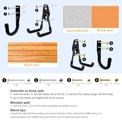Heavy Duty Wall Garage Hooks, Steel Anti-Slip Utility Hooks Storage Organization Hangers for Ladders, Bikes, Hose, Garden Tools, Coats, Bags with Mounting Hardware Kit (Black, 12 Pack)