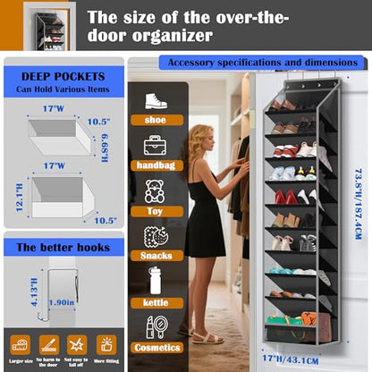 10 - Pocket Over - the - Door Hanging Shoe Organizers & Rack, Made of Sturdy 600D Oxford + Non - Woven Fabric, Space - Saving Storage for Shoes, Boots & More (Black)