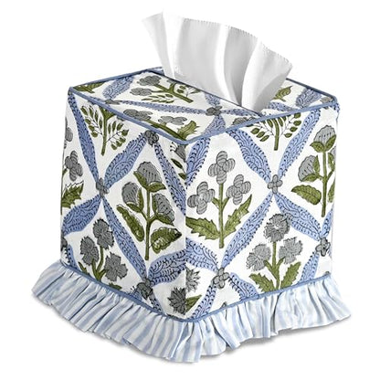 Light Steel Blue Block Print Ruffle Tissue Box Cover Handmade Cotton Decorative Square Napkin Holder for Home Bedroom Living Room Bathroom Vanity Countertop Car Office Kitchen