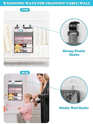 Hanging Diaper Caddy Organizer Crib Organizer–Spacious Baby Girl/Boy Nursery Storage Organizer for Changing Table, Playpen/Wall- Hold 90+ Diaper (Grey)