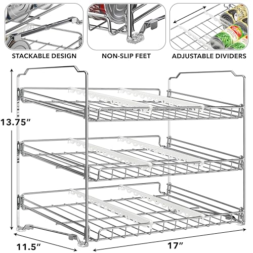 Simple Houseware 3-Tier Stackable Can Organizer Rack Hold 36 Cans, Chrome | Can Food Storage Dispenser for Pantry/Cabinet, Adjustable Dividers – 11.5" D x 17" W x 13.75" H