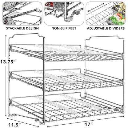 Simple Houseware 3-Tier Stackable Can Organizer Rack Hold 36 Cans, Chrome | Can Food Storage Dispenser for Pantry/Cabinet, Adjustable Dividers – 11.5" D x 17" W x 13.75" H