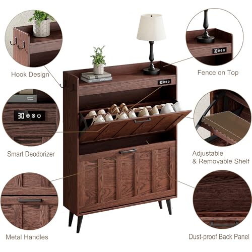 ChooChoo Shoe Storage Cabinet with 2 Flip Drawers and Deodorizer | Shoe Organizer Storage for Entryway, Freestanding Hidden Slim Narrow Shoe Rack Cabinet, Walnut