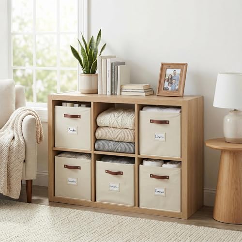 DECOMOMO Storage Bins, Cube Storage Bin with Labels | 10.5" x 11" Fabric Storage Cubes for Shelves (6pcs, Beige)