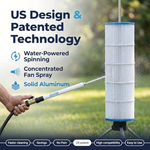 CYCLONE FILTER CLEANER – Patented Hose-Powered Spinning Pool Cartridge Filter Cleaning Tool with Stand & Spray Wand – Cleans 5X Faster – Fits 3”, 4”, 6” ID Filters
