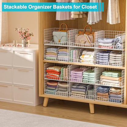 4-Tier Closet Organizers and Storage Basket with Divider, Foldable Closet Shelf Organizer System, Space-Saving Clothes Storage Drawer Organizer Bins for Wardrobe Cupboard, White