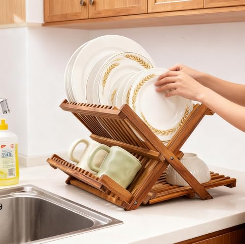 Utoplike Teak Dish Drying Rack Collapsible, Large Dishes Draine 3 Tier | Foldable Large Capacity Dish Draine, Space-Saving Countertop Kitchen Organizer for Plates, Cups