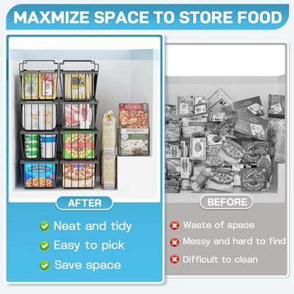 Freezer Organizer Bins, 4 Pack Stackable Chest Freezer Organizer for 5-7 Cu.FT Deep Freezer Sort Frozen Meats and Food, Freezer Storage Baskets with Handles Easy Reach from Bottom, Black