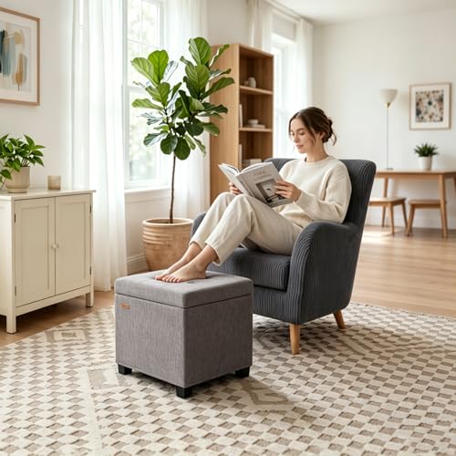 Chenille Cover Steel Frame Ottoman with 48L Storage,17.7" x 17.7" x 17.7" Square Linen Storage Ottoman Stool Cube with Legs,for Dorm Livingroom Gray UASND641G