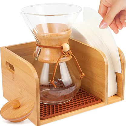 Bamboo Caddy with Lid & Heatproof Trivets Mat for Chemex CoffeeMakers | Bamboo Cup not Included - Designed for Chemex Pour - Over Glass Coffeemaker(3/5/6/8/10Cup), for Bodum Pour Over Coffee makers