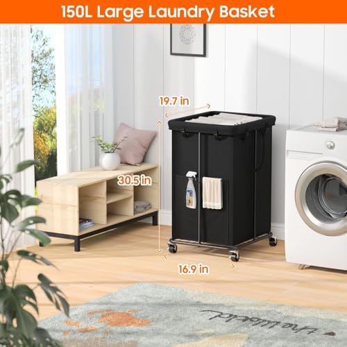 Laundry Hamper with Wheels, 150L Rolling Laundry Basket with Bag & Handles | Sturdy Metal Frame | Removable Bag | Large & Tall Dirty Clothes Hampers for Laundry Room, Bedroom, Dorm, Bathroom-Black