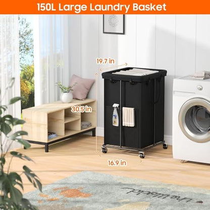Laundry Hamper with Wheels, 150L Rolling Laundry Basket with Bag & Handles | Sturdy Metal Frame | Removable Bag | Large & Tall Dirty Clothes Hampers for Laundry Room, Bedroom, Dorm, Bathroom-Black