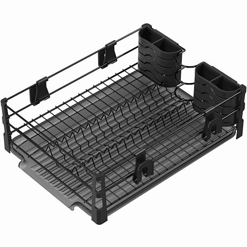 Simple Houseware Dish Drying Rack, Black | with Drainboard, Utensil Holder and Mug Hooks
