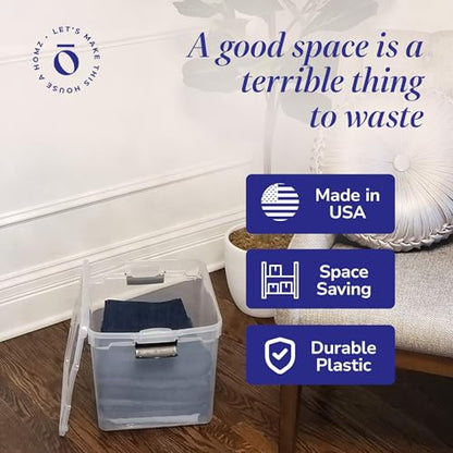HOMZ Clear Plastic Storage Bins with Latching Lids, 31 Qt, Gray, 4 Pack | Stackable Container Set for Home, Office Shelves, Kitchen, Garage, and Bathroom Organization