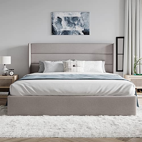 SHA CERLIN Queen Size Lift Up Hydraulic Storage Bed Frame Light Beige | Modern Wingback Headboard, Upholstered Platform Bed Frame, Hydraulic Underneath Storage, No Box Spring Needed