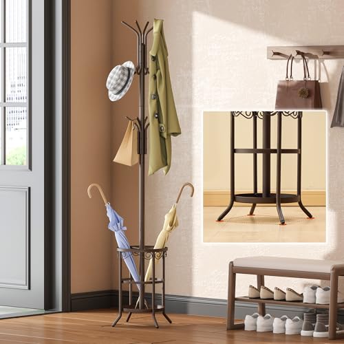 GHWIE Coat Rack Freestanding, Coat Tree with Umbrella Holder, Metal Coat Rack Stand with 12 Hooks, Standing Coat Hanger Stand, Umbrella Stand for Entryway, Hat Rack Stand for Home Office, Brown
