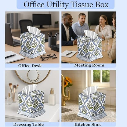 Light Steel Blue Block Print Ruffle Tissue Box Cover Handmade Cotton Decorative Square Napkin Holder for Home Bedroom Living Room Bathroom Vanity Countertop Car Office Kitchen