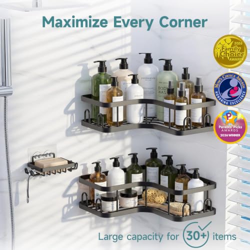 Veken Corner Shower Caddy 3-Pack, Advanced Rustproof Design&Stable Storage | No Drilling Adhesive Shelves, Rack with Soap Holder & Hooks, Thickened Metal Frame, Bathroom Organizers and Storage, Blac