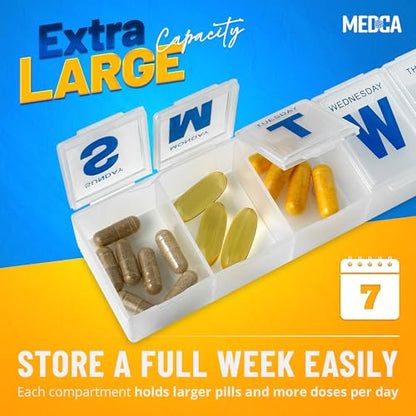Weekly Pill Organizer - 7-Day Pill Planner Extra Large Pill Planner and Daily Pill Organizer and Medicine Reminder, Monday to Sunday Compartments - BPA Free - Travel Pill Box Case (Pack of 4)