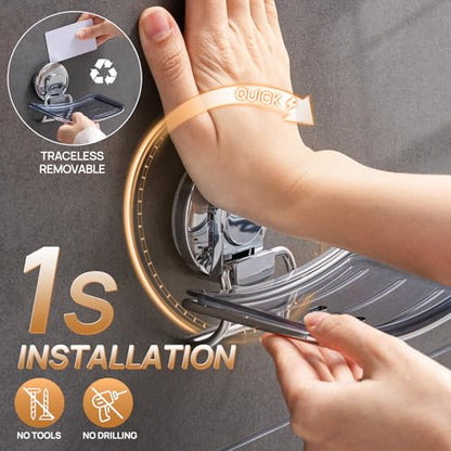 Chrome Suction Cup Soap Dish Holder for Shower Wall Drill-Free Rustproof Waterproof Wall Mount Strong Suction Removable Bar Soap Sponge Holder for Bathroom Bathtub Kitchen