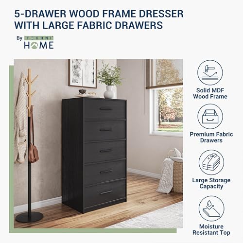 5-Drawer Dresser w/Fabric Drawers, Modern, Storage Chest,Black | 5-drawer dresser, fabric storage drawers, sturdy wood frame, bedroom organizer, living room, hallway & closet black chest