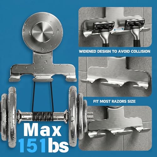 Suction Cup Razor Holder for Shower, Heavy-Duty 7KG Suction Hooks for Razor | WACXYBZ Towel, Loofah, Removable Damage-Free Metal Shower Hook, Shaver Holder, 2 Pack (Brushed Silver)