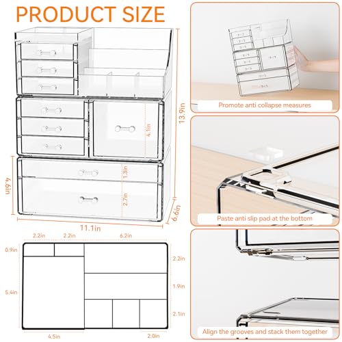 3 Pack Clear Makeup Organizer Countertop for Dresser,Vanity and Bathroom Counter Organizer,Tiered Stackable Makeup Acrylic Organizers with 9 Drawer for Skincare,Brush and Make up Holders