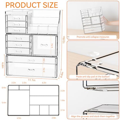 3 Pack Clear Makeup Organizer Countertop for Dresser,Vanity and Bathroom Counter Organizer,Tiered Stackable Makeup Acrylic Organizers with 9 Drawer for Skincare,Brush and Make up Holders