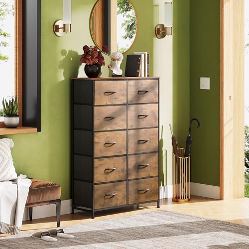 WLIVE Tall Dresser for Bedroom, Rustic Brown Wood Grain Print | 10 Drawers, Fabric Dresser for Closet, Storage Tower with Cabinet, Metal Frame