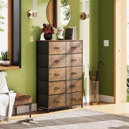 WLIVE Tall Dresser for Bedroom, Rustic Brown Wood Grain Print | 10 Drawers, Fabric Dresser for Closet, Storage Tower with Cabinet, Metal Frame