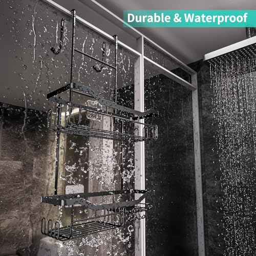 HapiRm Hanging Shower Caddy Over the Door with Soap Holder, No Drilling Adhesive Shower Organizer with 11 Hooks, Rustproof & Waterproof 304 Stainless Steel Bathroom Shelves - Black