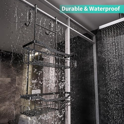 HapiRm Hanging Shower Caddy Over the Door with Soap Holder, No Drilling Adhesive Shower Organizer with 11 Hooks, Rustproof & Waterproof 304 Stainless Steel Bathroom Shelves - Black