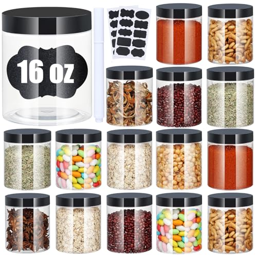 Plastic Jars with Lids, 16 oz Plastic Containers with Lids Clear Airtight Container Storage Jar Mason Jars for Dry Food Peanut Butter Honey Jam Cosmetics, Pack of 16 (16 PCS Black Lids)