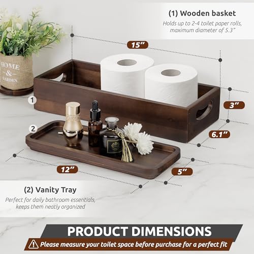DEMIGO Toilet Tank Topper & Vanity Tray, Acacia Wood Decor Set, Dark Brown | 2-Pack Storage Tray, Handmade Wooden Tank Basket Cover for Bathroom, Kitchen, Home & Spa, Smooth Durable Artisan