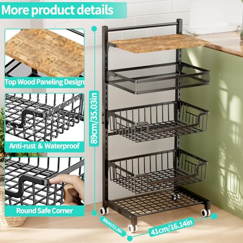 HapiRm Fruit Basket Kitchen Cart - Floor 5 Tier Adjustable Fruit and Vegetable Storage Rack, Large Capacity Rolling Kitchen Carts on Wheels for Pantry Snack Potato and Onion Storage
