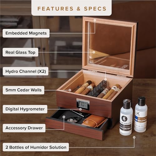 CASE ELEGANCE Renzo Glass Top Cigar Humidor with Cedar - Brown | Easy humidification system, accurate digital hygrometer