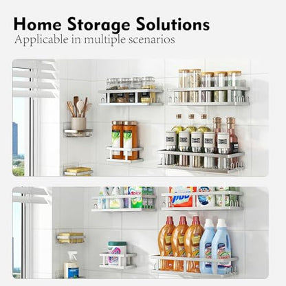 Silver Shower Caddy 6 Pack, No Drill Rustproof Adhesive Shelves | Silver Finish, Clean Organization, 6-Piece Set, No Drilling, Rust Resistant, 6 Adhesives, 24 Built-In Side Hooks
