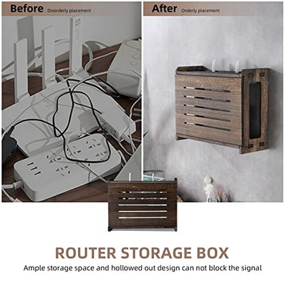 Wooden Router Shelf Wall Mount WiFi Router Storage Box Modem Cable Router Cover Organized Power Strip Cable Management Hider Rack Need Assembly 14.9 * 9.8 * 5.4 in (L* H * W)