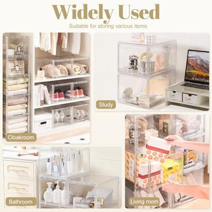 AZ.MIFENO Large Stackable Storage Drawers,Clear Thickened Drawer Organizers with Pull-Out Drawer for Skincare,Cosmetics, Ideal for Closet,Bathroom,Kitchen Undersink,Cabinet,Toy Organization (2 Packs)