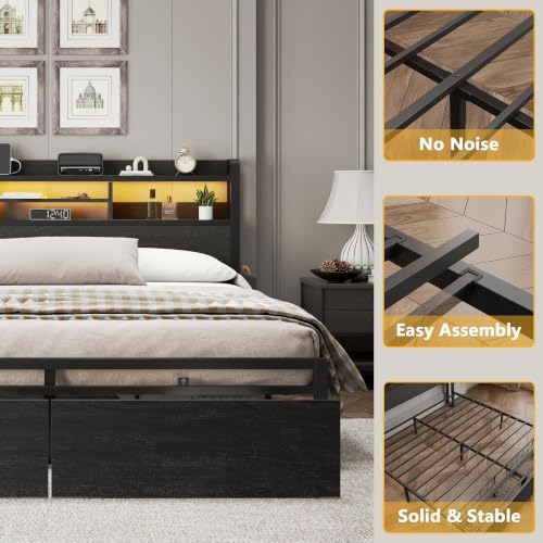 Full Size Bed Frame with Headboard and Charging Station,2 Drawers