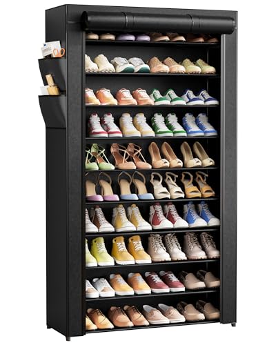 Kitsure 10-Tier Shoe Rack with Cover, Tall Shoe Shelf, 33" Wide, Black | Large Capacity Shoe Storage with Side Pocket, Shoe Organizer for Closet, Entryway, Bedroom, Zapateras Organizer