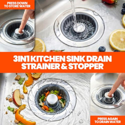 3 in 1 Kitchen Sink Drain Strainer Stopper Basket Pop Up Silver | Kitchen Sink Accessories Strainer Basket 2 Pack Silver,Stainless Steel Anti-Clog Catcher, Odor-Blocking Seal Fits 3.5" Drain