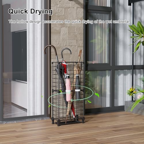 AWTATOS Umbrella Holder Entryway, Umbrella Stand Freestanding, Black | Metal Square Umbrella Rack Organizer with a Removable Drip Tray, Hooks