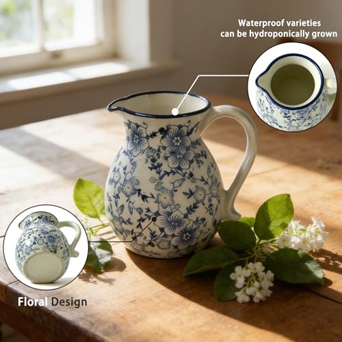 6.1" Blue & White Ceramic Farmhouse Utensil Holder for Kitchen Counter | Blue & white floral ceramic utensil holder with handle; stain-proof glaze; doubles as vase; rustic vintage kitchen decor
