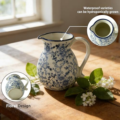 6.1" Blue & White Ceramic Farmhouse Utensil Holder for Kitchen Counter | Blue & white floral ceramic utensil holder with handle; stain-proof glaze; doubles as vase; rustic vintage kitchen decor
