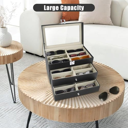Sunglasses Organizer 18/20 Slots, Multiple Pairs Glasses Storage Case Leather Eyeglasses Display Box for Women Men