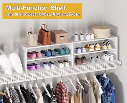 White Shoe Rack Organizer for Closet, 2-Tier Expandable Shoe Shelf, Stackable Iron Wood Combination Small Shoe Racks Shelves for Closets, Entryway,Small Space,Hallway,Bedroom,Bathroom,6-12 Pairs